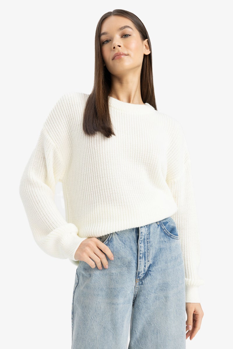 DeFacto Beige Woman Regular Fit Crew Neck Basic Knit Pullover Casual - Image 3